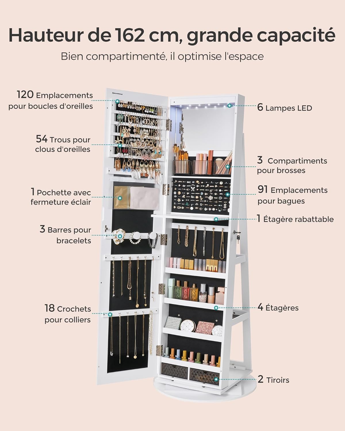 Armoire à Bijoux Rotative avec Miroir