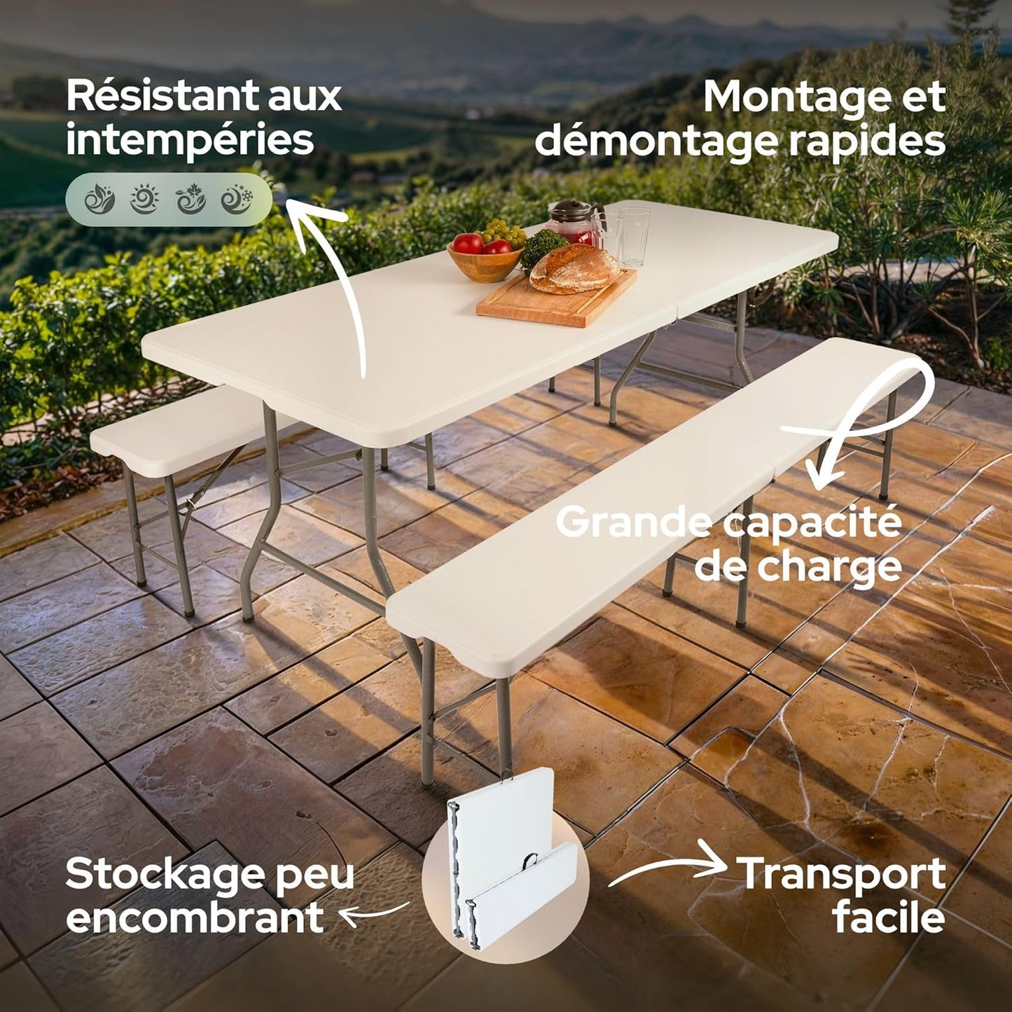 Ensemble Table Pliante et 2 Banc